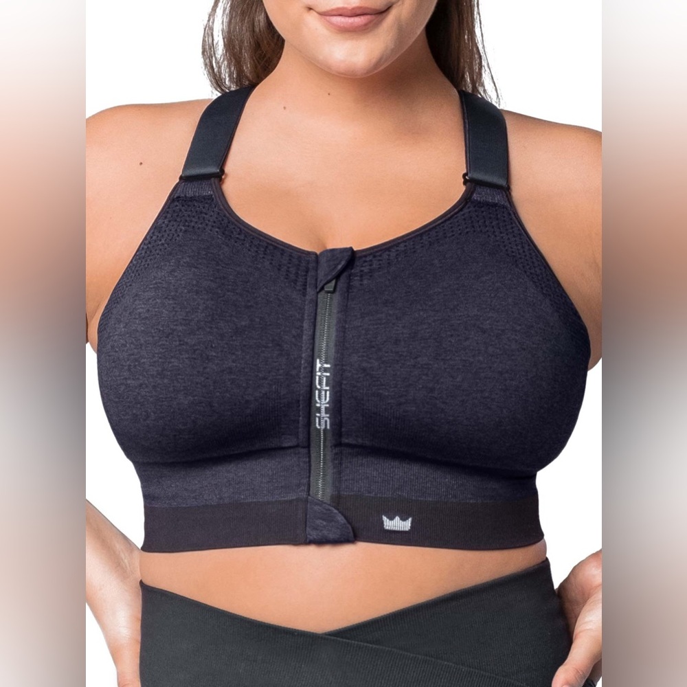 NEW SHEFIT Low Impact Sports Bra Front Zip Closure Heathered Indigo Blue 1Luxe